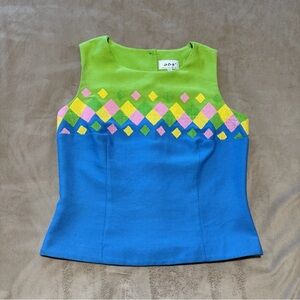 ABS Allen Schwartz, retro vibe, Green and Blue Geometric Blouse